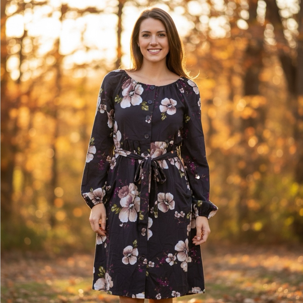 Olive Floral Button-Down Midi Dress with Belt & Pockets